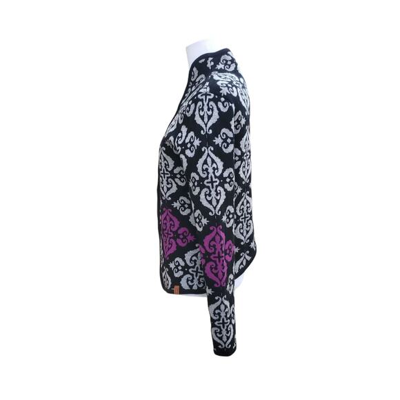 NEVE Geometric Wool Cardigan Jacket Hook Eye Notched Back Black Gray Purple Sz S - Picture 11 of 16